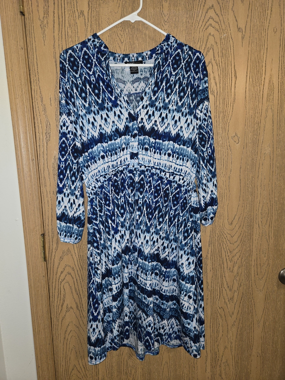 Blue Patterned V-Neck Women's Dress